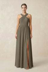 Cross Halter Neck Chiffon A-Line Bridesmaid Dress With Slit in Willow Green - KissProm BRIDESMAID DRESSES