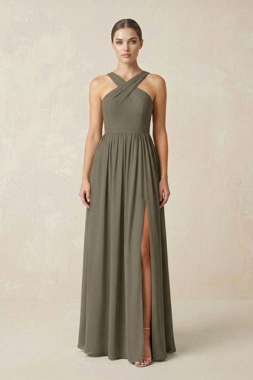 Cross Halter Neck Chiffon A-Line Bridesmaid Dress With Slit in Willow Green - KissProm BRIDESMAID DRESSES