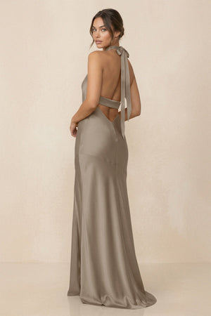 Cross Halter Sheath Bridesmaid Dress With Slit in Almond - KissProm Bridesmaid Dresses