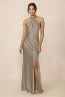 Cross Halter Sheath Bridesmaid Dress With Slit in Almond - KissProm Bridesmaid Dresses