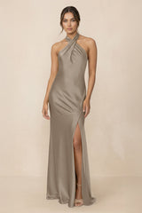 Cross Halter Sheath Bridesmaid Dress With Slit in Almond - KissProm Bridesmaid Dresses