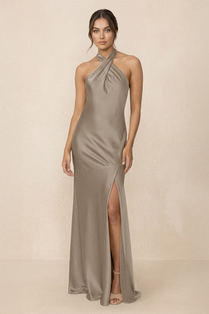 Cross Halter Sheath Bridesmaid Dress With Slit in Almond - KissProm Bridesmaid Dresses