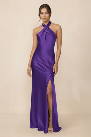 Cross Halter Sheath Bridesmaid Dress With Slit in Amethyst - KissProm Bridesmaid Dresses
