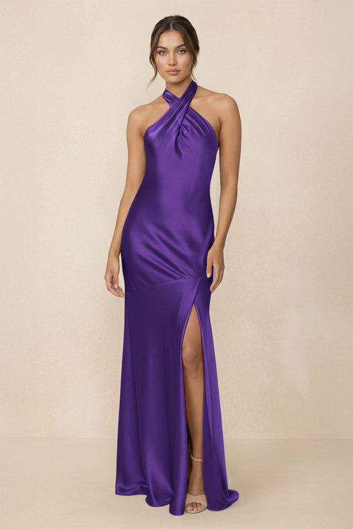 Cross Halter Sheath Bridesmaid Dress With Slit in Amethyst - KissProm Bridesmaid Dresses