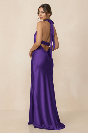 Cross Halter Sheath Bridesmaid Dress With Slit in Amethyst - KissProm Bridesmaid Dresses