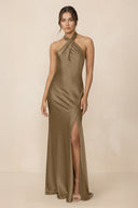 Cross Halter Sheath Bridesmaid Dress With Slit in Apple Cinnamon - KissProm Bridesmaid Dresses