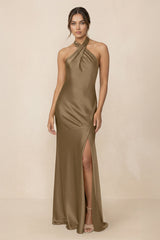 Cross Halter Sheath Bridesmaid Dress With Slit in Apple Cinnamon - KissProm Bridesmaid Dresses