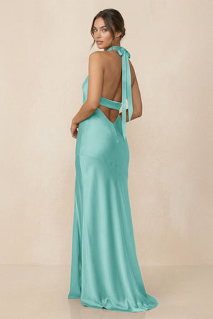 Cross Halter Sheath Bridesmaid Dress With Slit in Aqua - KissProm Bridesmaid Dresses