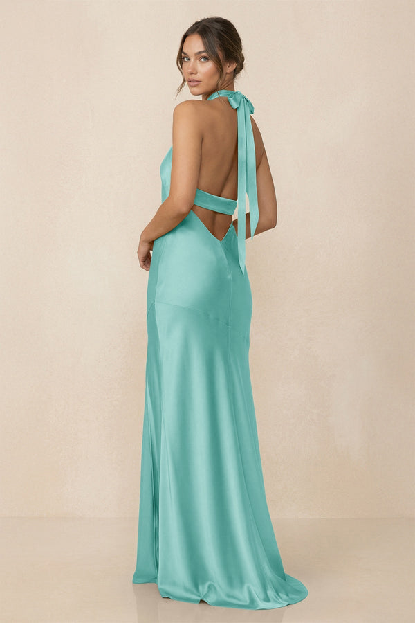 Cross Halter Sheath Bridesmaid Dress With Slit in Aqua - KissProm Bridesmaid Dresses