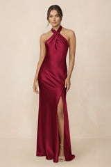 Cross Halter Sheath Bridesmaid Dress With Slit in Berry - KissProm Bridesmaid Dresses