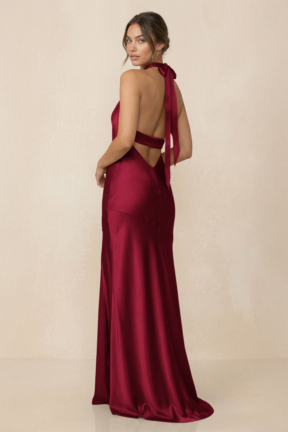 Cross Halter Sheath Bridesmaid Dress With Slit in Berry - KissProm Bridesmaid Dresses