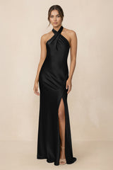 Cross Halter Sheath Bridesmaid Dress With Slit in Black - KissProm Bridesmaid Dresses