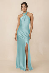 Cross Halter Sheath Bridesmaid Dress With Slit in Bleached Aqua - KissProm Bridesmaid Dresses