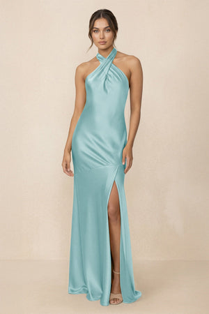 Cross Halter Sheath Bridesmaid Dress With Slit in Bleached Aqua - KissProm Bridesmaid Dresses