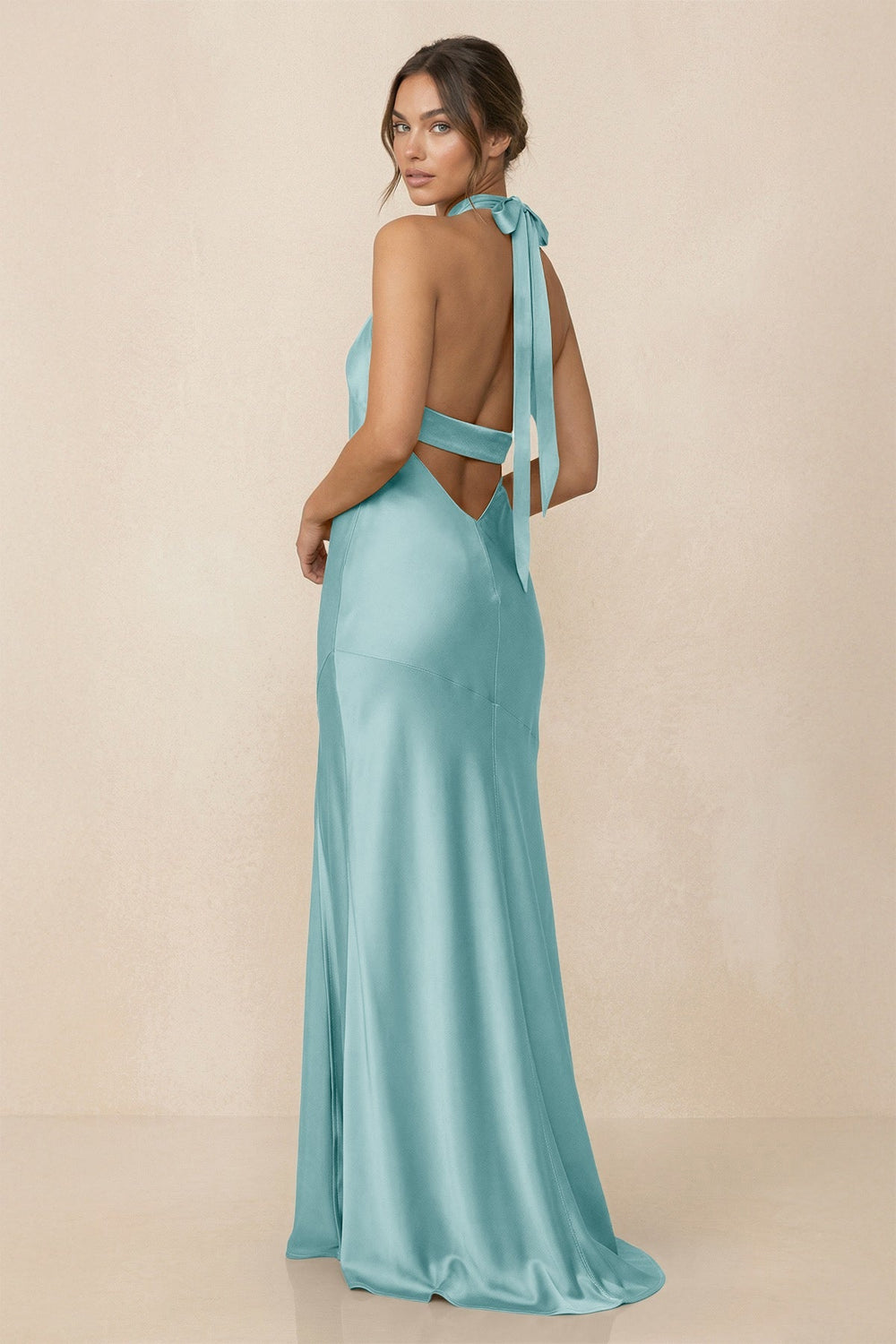 Cross Halter Sheath Bridesmaid Dress With Slit in Bleached Aqua - KissProm Bridesmaid Dresses