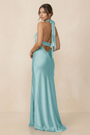 Cross Halter Sheath Bridesmaid Dress With Slit in Bleached Aqua - KissProm Bridesmaid Dresses