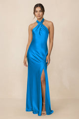 Cross Halter Sheath Bridesmaid Dress With Slit in Blue Jay - KissProm Bridesmaid Dresses
