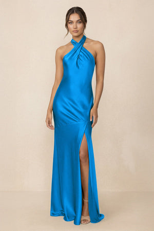 Cross Halter Sheath Bridesmaid Dress With Slit in Blue Jay - KissProm Bridesmaid Dresses