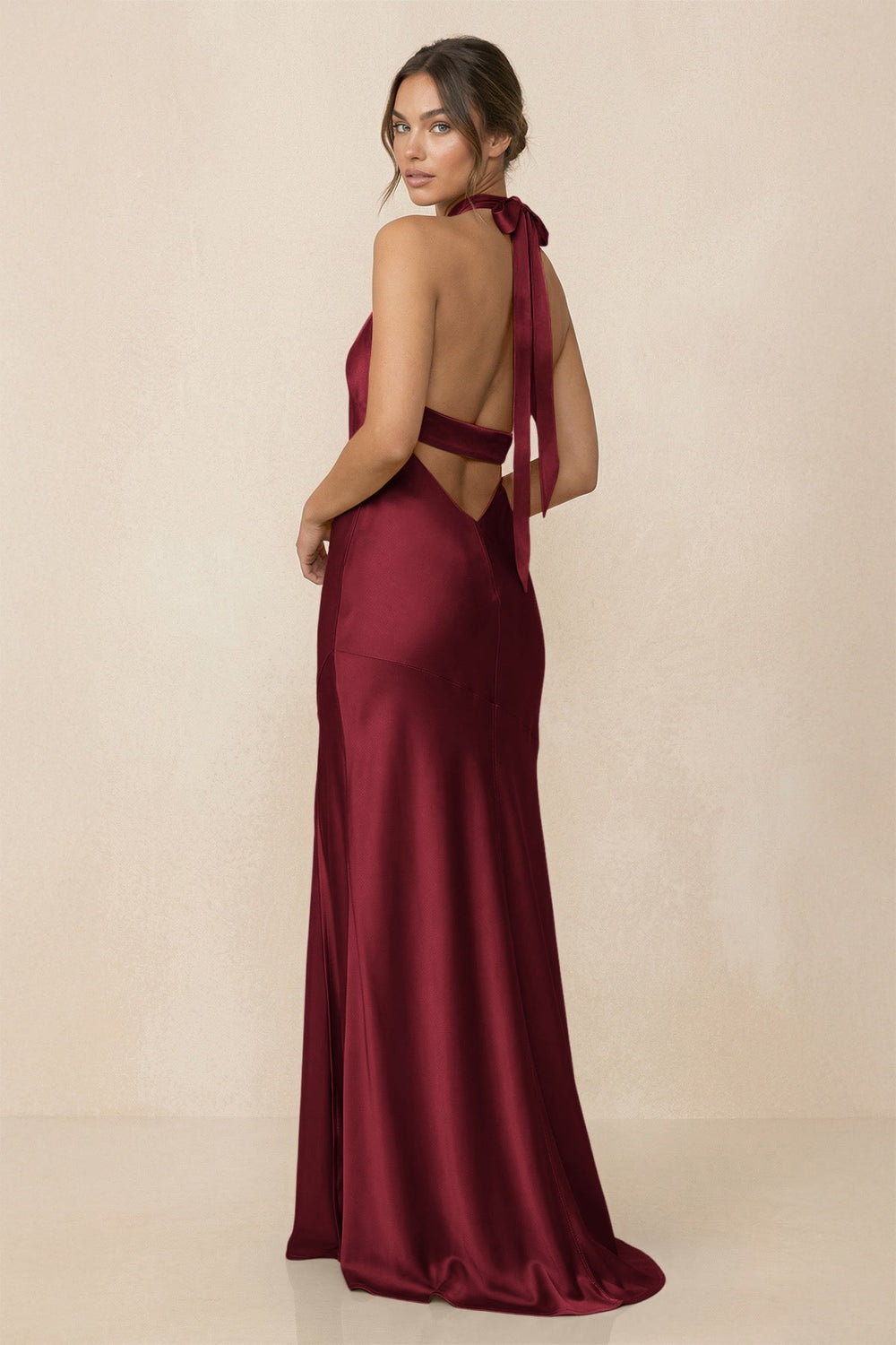 Cross Halter Sheath Bridesmaid Dress With Slit in Burgundy - KissProm Bridesmaid Dresses