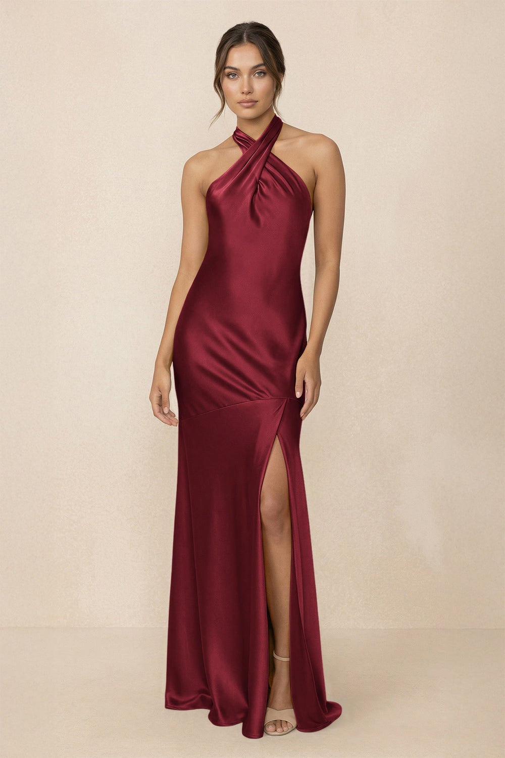 Cross Halter Sheath Bridesmaid Dress With Slit in Burgundy - KissProm Bridesmaid Dresses