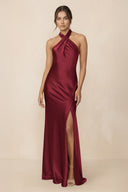 Cross Halter Sheath Bridesmaid Dress With Slit in Burgundy - KissProm Bridesmaid Dresses