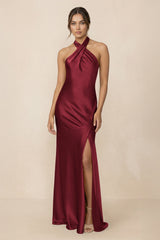 Cross Halter Sheath Bridesmaid Dress With Slit in Burgundy - KissProm Bridesmaid Dresses
