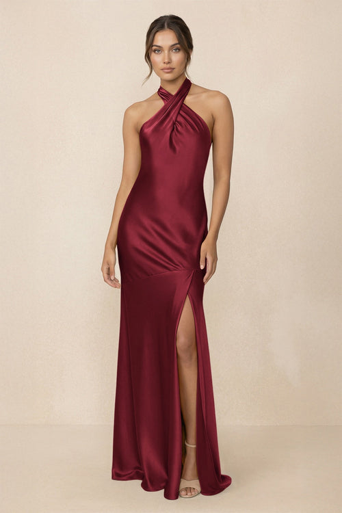 Cross Halter Sheath Bridesmaid Dress With Slit in Burgundy - KissProm Bridesmaid Dresses