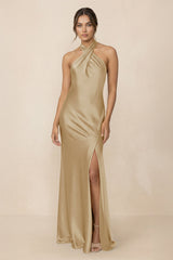 Cross Halter Sheath Bridesmaid Dress With Slit in Champagne - KissProm Bridesmaid Dresses