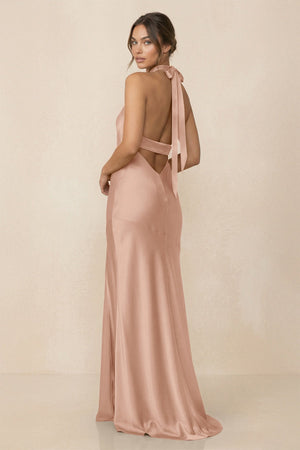 Cross Halter Sheath Bridesmaid Dress With Slit in Champagne Rose - KissProm Bridesmaid Dresses