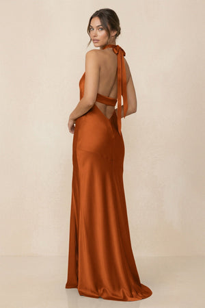 Cross Halter Sheath Bridesmaid Dress With Slit in Cinnamon - KissProm Bridesmaid Dresses