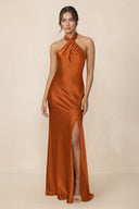 Cross Halter Sheath Bridesmaid Dress With Slit in Cinnamon - KissProm Bridesmaid Dresses