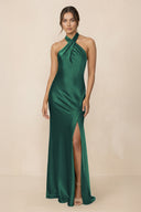 Cross Halter Sheath Bridesmaid Dress With Slit in Dark Green - KissProm Bridesmaid Dresses