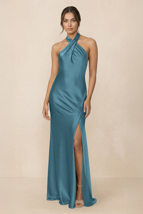 Cross Halter Sheath Bridesmaid Dress With Slit in Dark Teal Cross Halter Sheath Bridesmaid Dress With Slit in Dark Teal