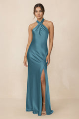 Cross Halter Sheath Bridesmaid Dress With Slit in Dark Teal - KissProm Bridesmaid Dresses