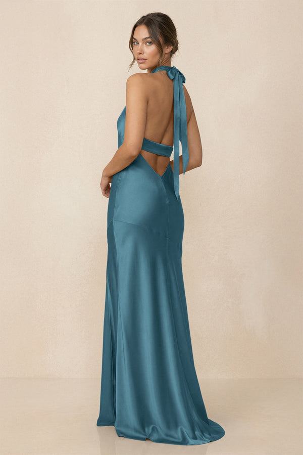 KissProm | Cross Halter Sheath Bridesmaid Dress With Slit in Dark Teal KissProm | Cross Halter Sheath Bridesmaid Dress With Slit in Dark Teal