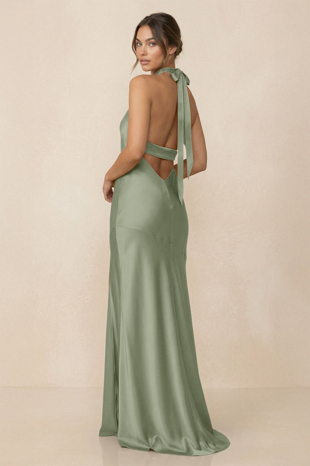Cross Halter Sheath Bridesmaid Dress With Slit in Dove Gray - KissProm Bridesmaid Dresses