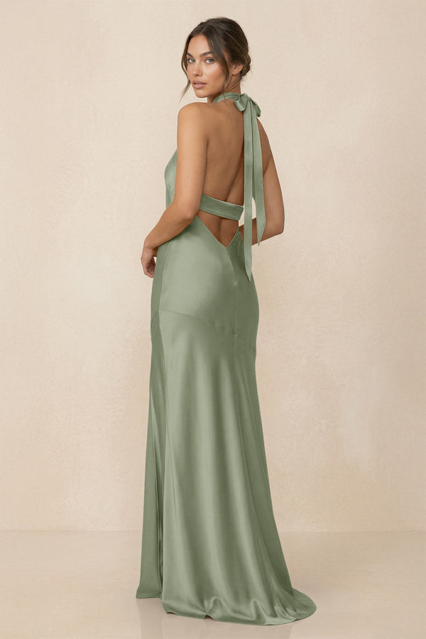 Cross Halter Sheath Bridesmaid Dress With Slit in Dove Gray - KissProm Bridesmaid Dresses