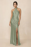 Cross Halter Sheath Bridesmaid Dress With Slit in Dove Gray - KissProm Bridesmaid Dresses