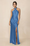 Cross Halter Sheath Bridesmaid Dress With Slit in Dusty Blue - KissProm Bridesmaid Dresses