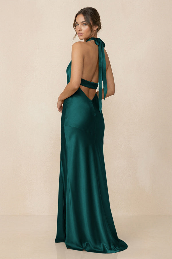 Cross Halter Sheath Bridesmaid Dress With Slit in Emerald