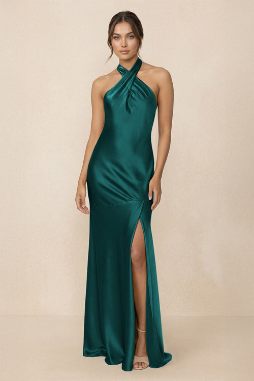 Cross Halter Sheath Bridesmaid Dress With Slit in Emerald