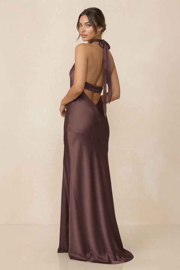 Cross Halter Sheath Bridesmaid Dress With Slit in Espresso - KissProm Bridesmaid Dresses