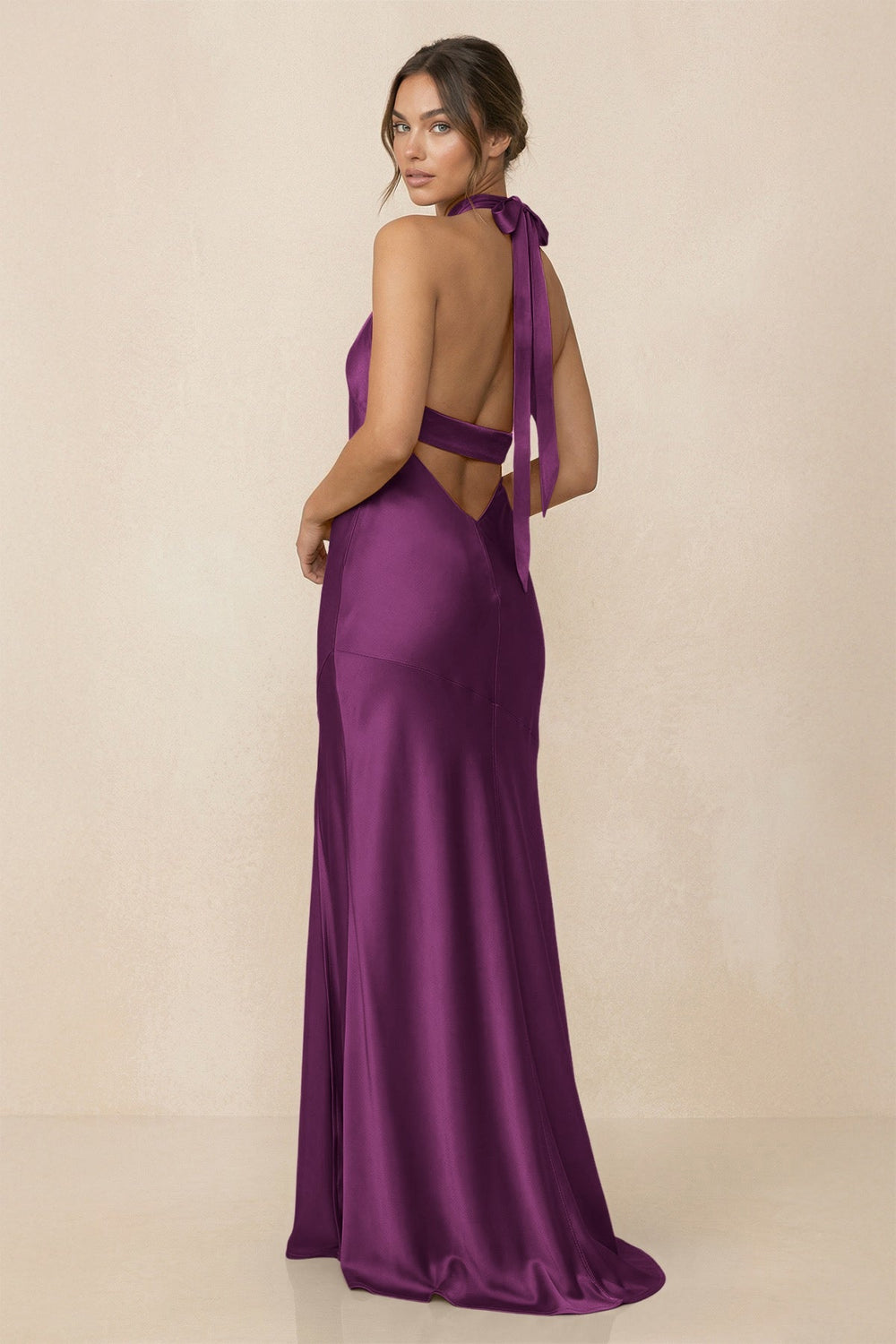 Cross Halter Sheath Bridesmaid Dress With Slit in Fig - KissProm Bridesmaid Dresses