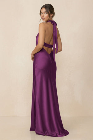 Cross Halter Sheath Bridesmaid Dress With Slit in Fig - KissProm Bridesmaid Dresses