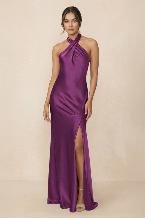 Cross Halter Sheath Bridesmaid Dress With Slit in Fig - KissProm Bridesmaid Dresses