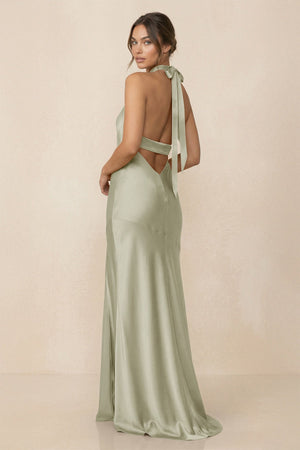 Cross Halter Sheath Bridesmaid Dress With Slit in Frost - KissProm Bridesmaid Dresses