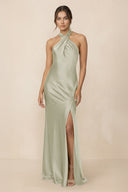 Cross Halter Sheath Bridesmaid Dress With Slit in Frost - KissProm Bridesmaid Dresses