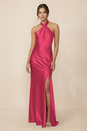 Cross Halter Sheath Bridesmaid Dress With Slit in Fuchsia - KissProm Bridesmaid Dresses