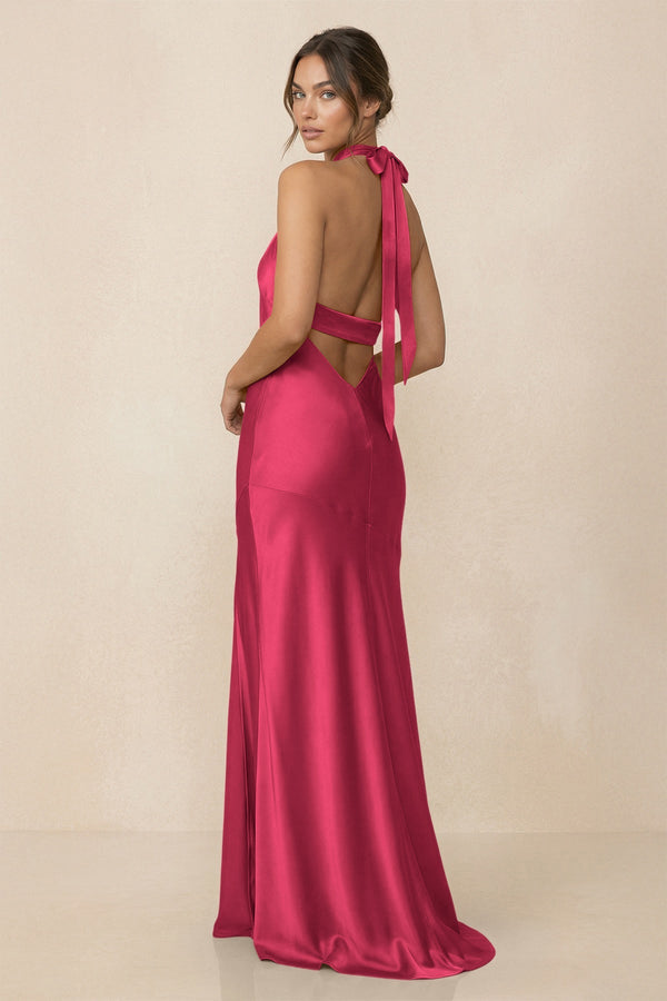 Cross Halter Sheath Bridesmaid Dress With Slit in Fuchsia - KissProm Bridesmaid Dresses