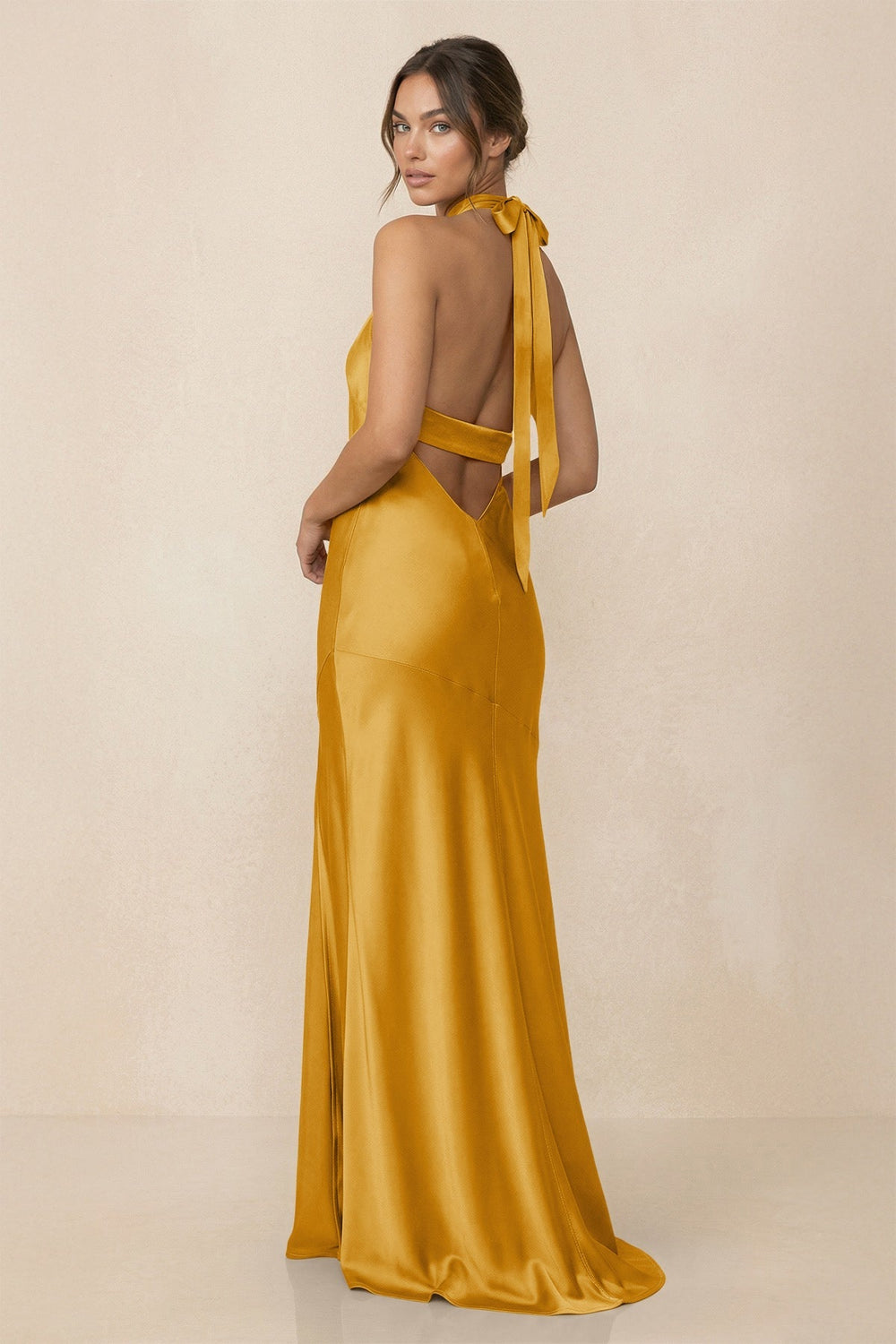 Cross Halter Sheath Bridesmaid Dress With Slit in Gold - KissProm Bridesmaid Dresses